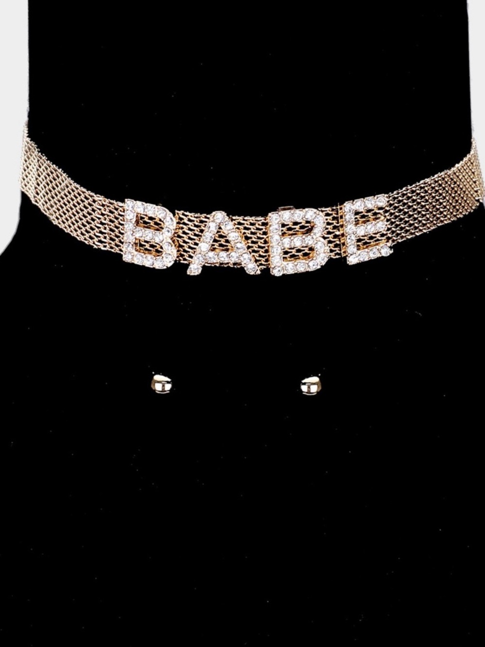 Crystal 'BABE' Letter Mesh Choker Necklace - Gold Tone